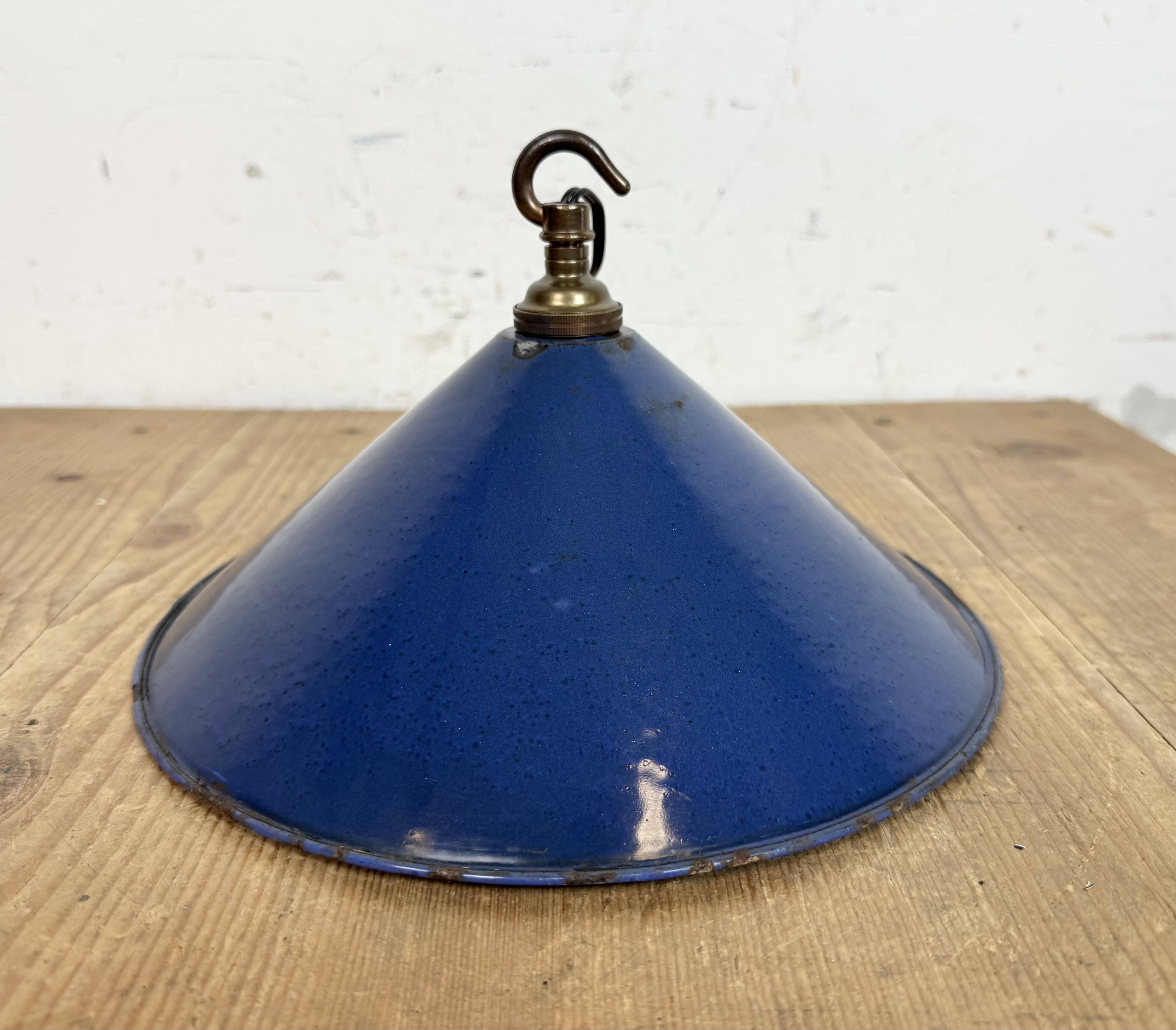 Industrial British Blue Enamel Factory Pendant Lamp, 1950s