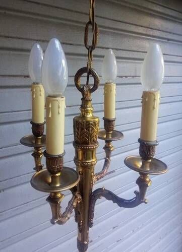 Antique gilded bronze chandelier in Louis XVI style, 4 lights, in working condition - 3.2 kg!