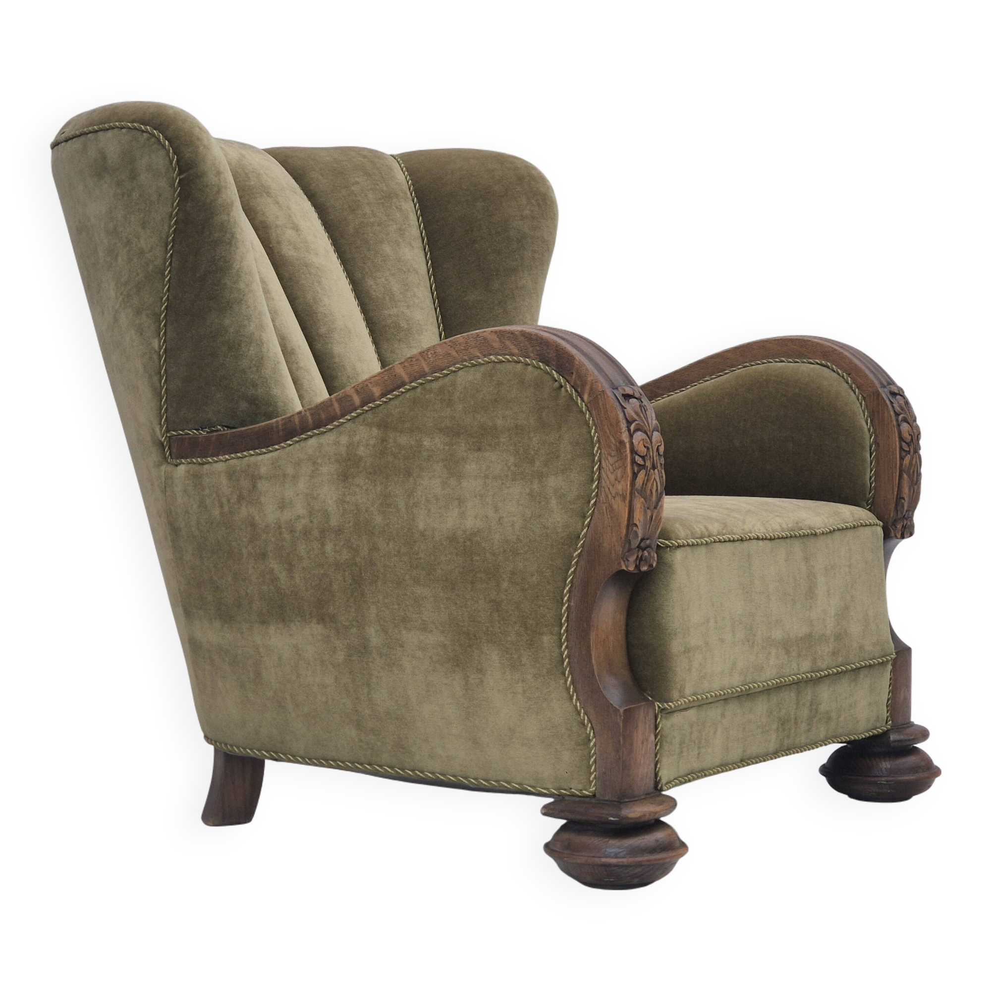 1960s, Danish relax armchair, green furniture velour fabric, oak wood.