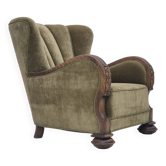 1960s, Danish relax armchair, green furniture velour fabric, oak wood.