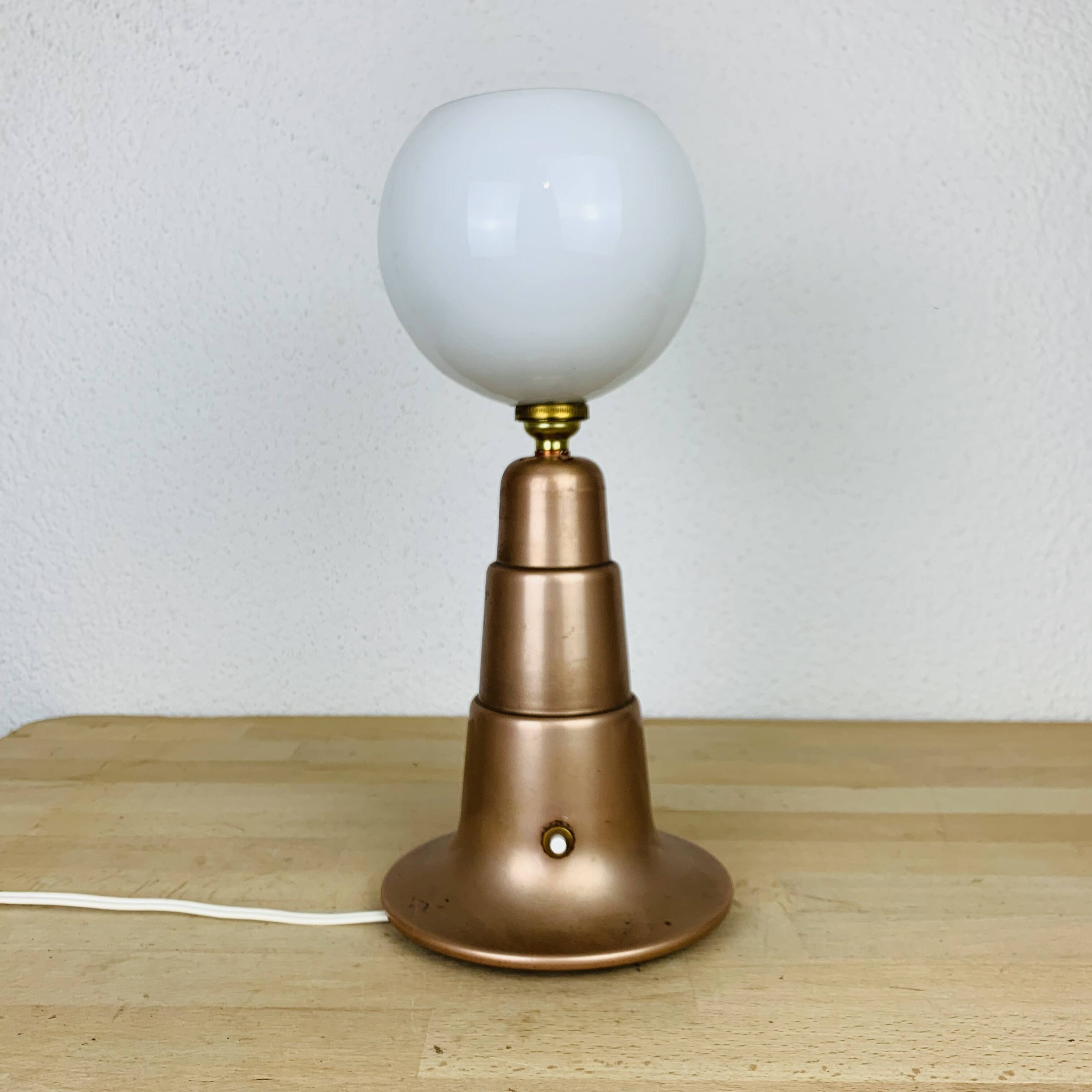 Art Deco conical copper lamp and opaline globe