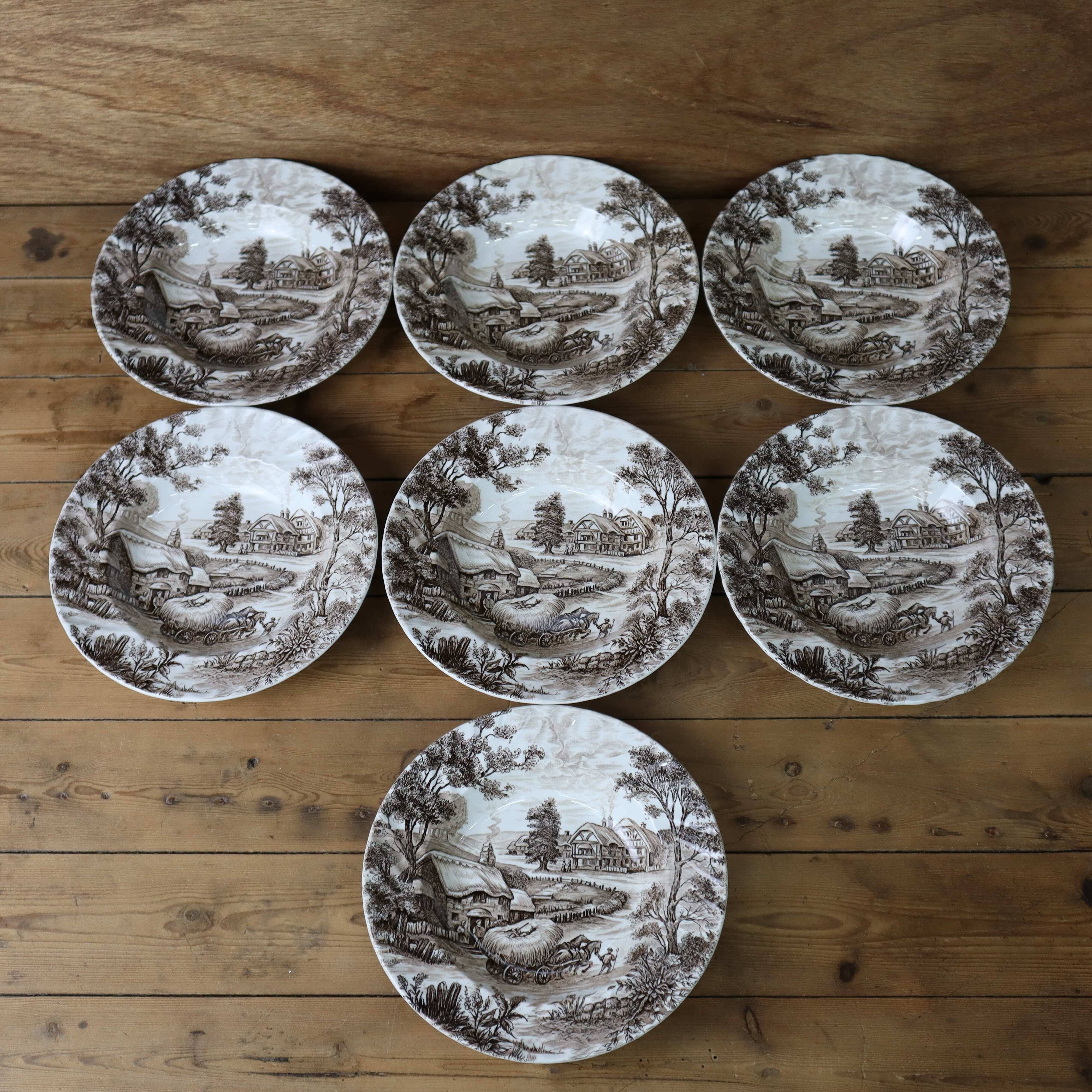 Set of 7 vintage English Staffordshire 'HAYRIDE' soup plates
