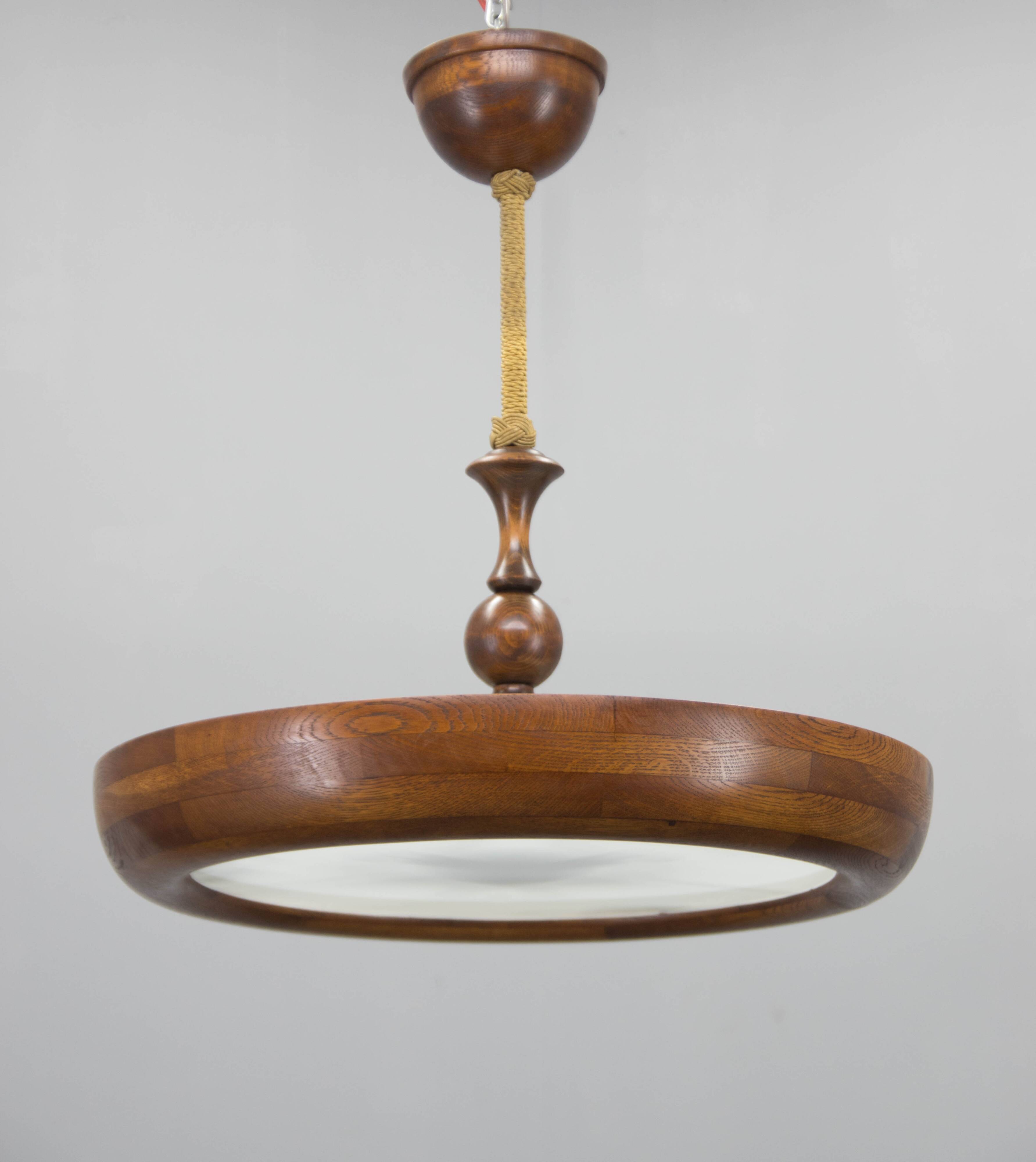 Large wooden art deco ufo chandelier, 1930s