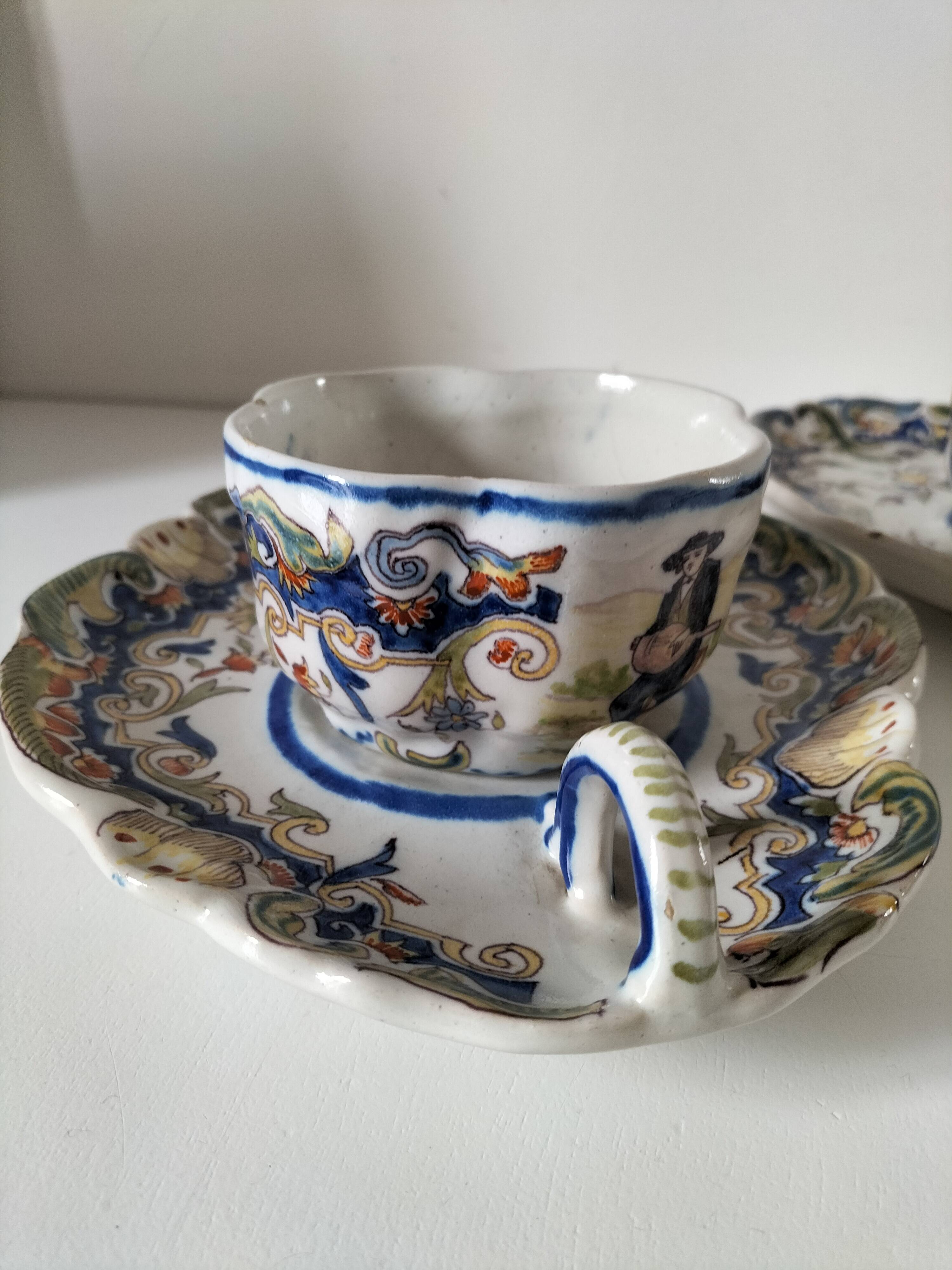 Breakfast set duo Desvres Fourmaintraux regionalist decoration