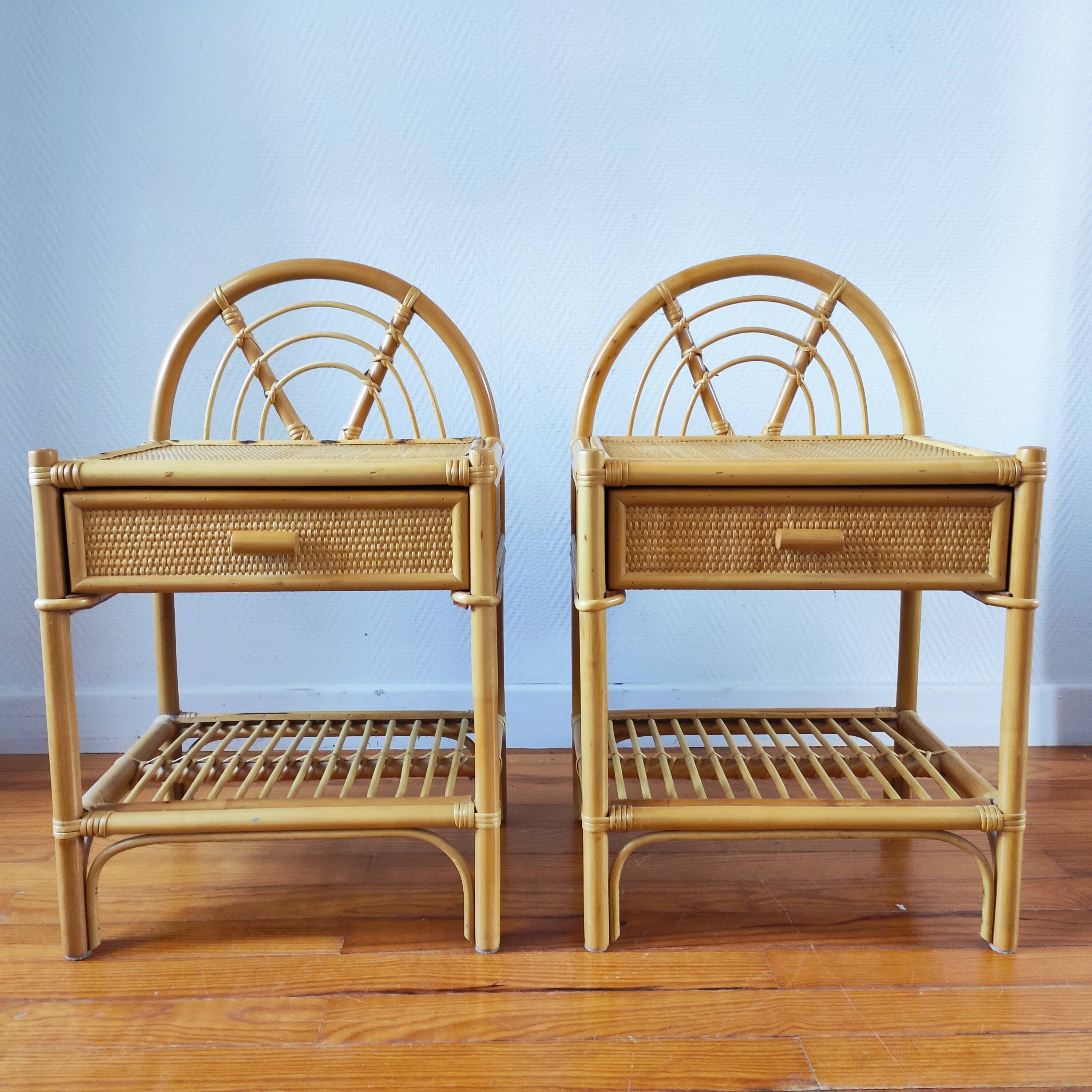Pair of vintage bedside tables in light rattan