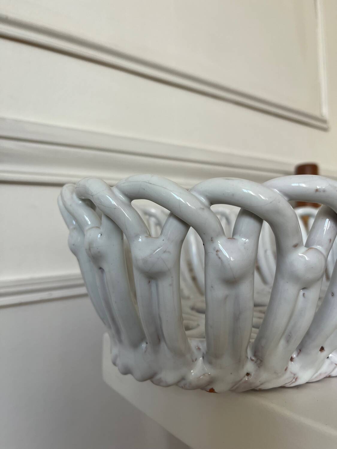 Woven white ceramic fruit bowl