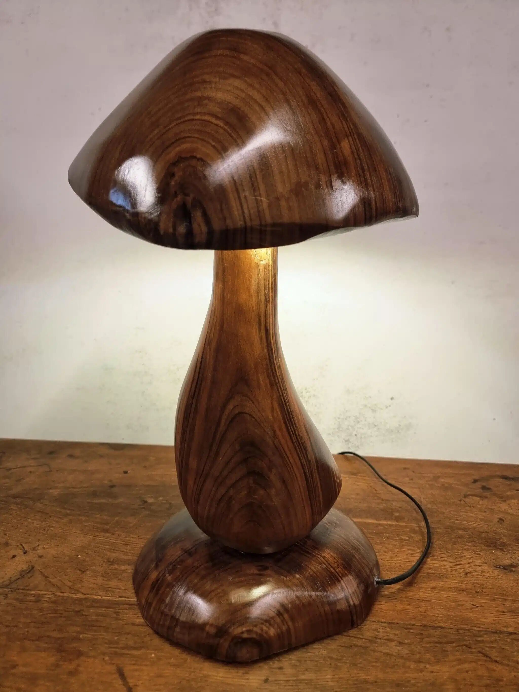 Hand-carved wooden mushroom table lamp with integrated LED