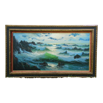 Tableau de mer, côte rocheuse,vagues  huile sur toile signée Le Tallec, Bretagne