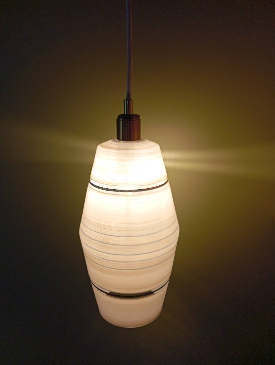 Mid century art deco pendant light fixture, gold striped glass, azure blue