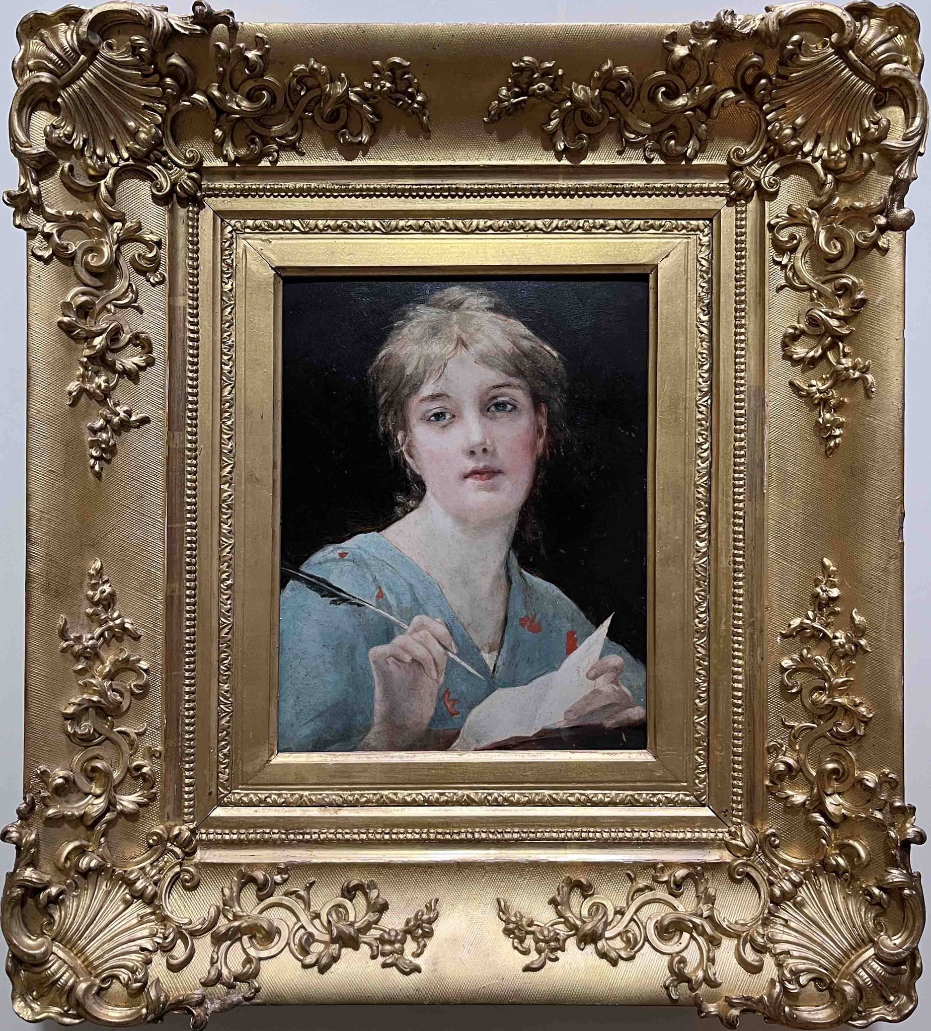 Tableau HSP circa 1900 Portrait Art Nouveau "Woman with the Letter" + frame