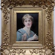 Tableau HSP circa 1900 Portrait Art Nouveau "Woman with the Letter" + frame