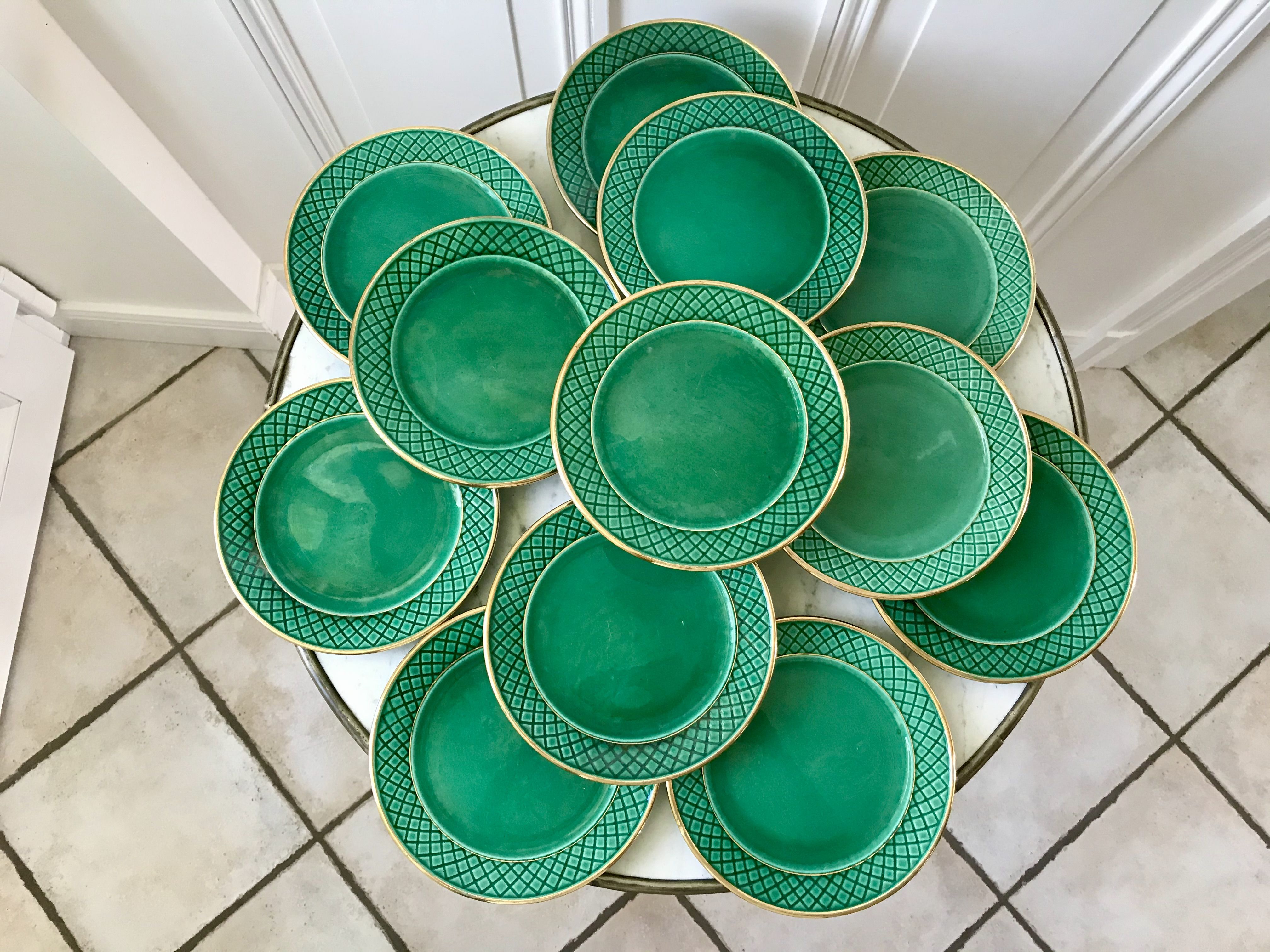 dessert service 12 dessert plates and a green and golden Art Deco cake dish 40s