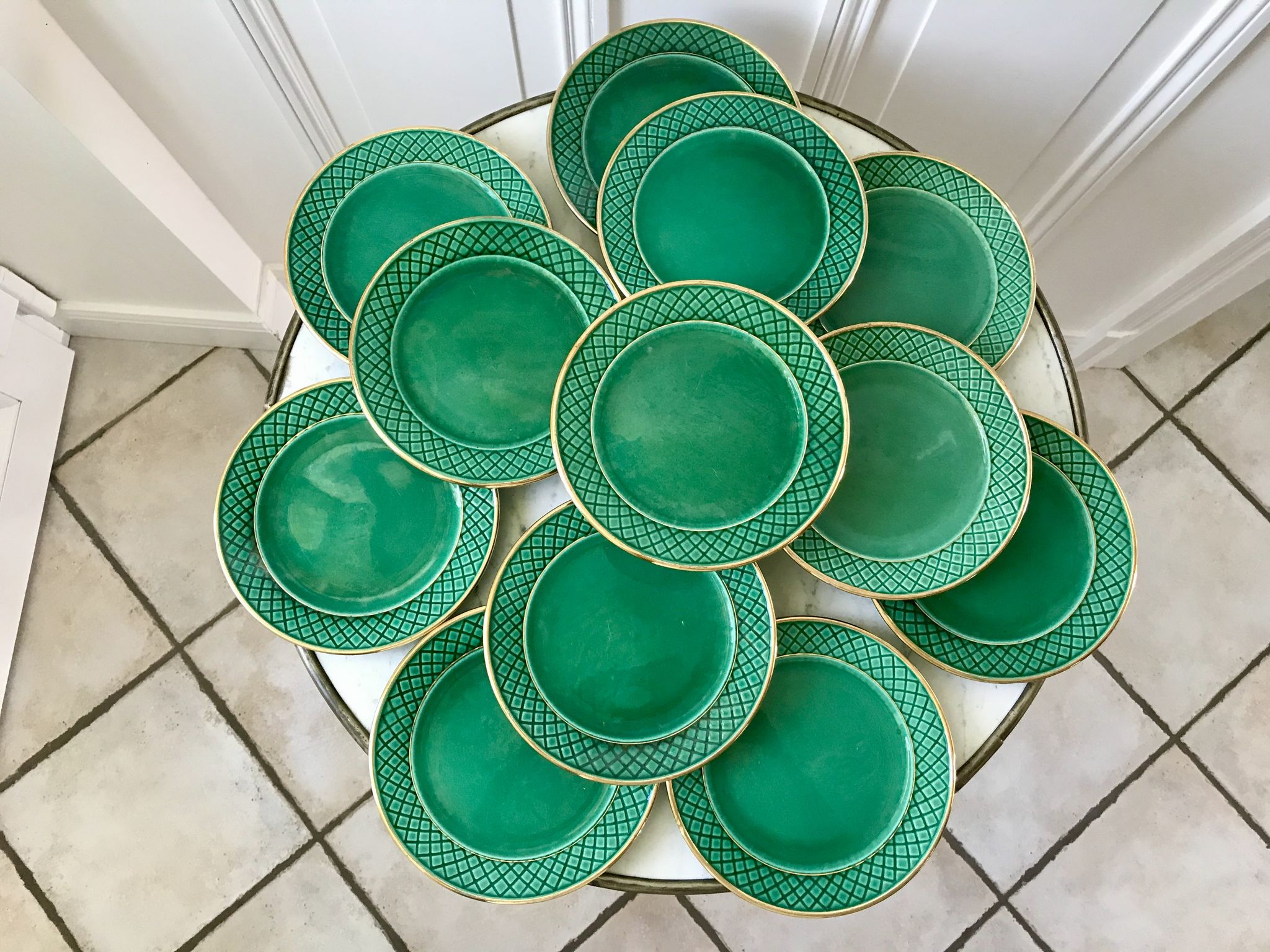 dessert service 12 dessert plates and a green and golden Art Deco cake dish 40s