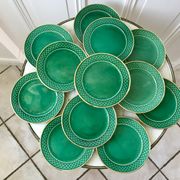 dessert service 12 dessert plates and a green and golden Art Deco cake dish 40s