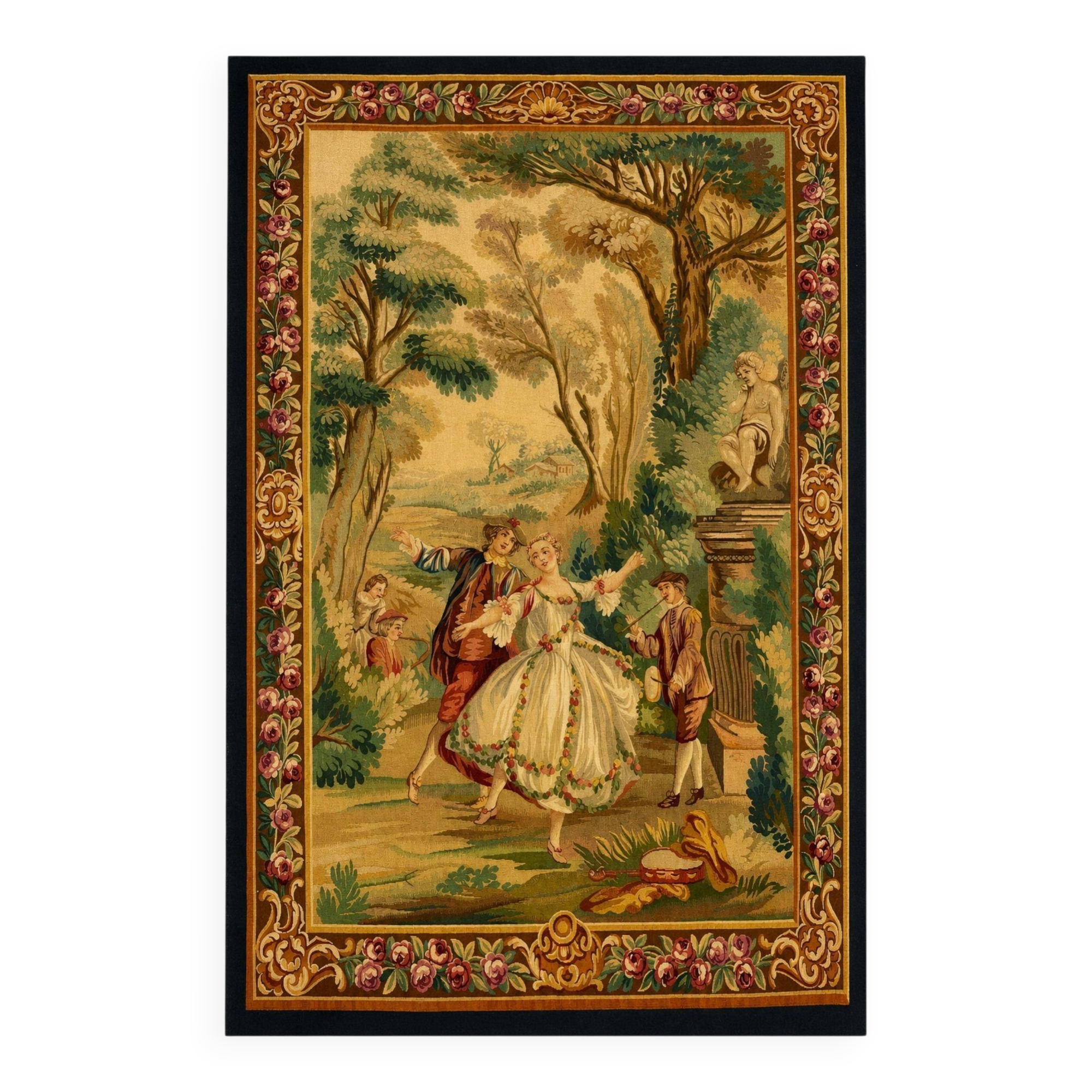 Tapisserie murale en laine de style français élégant avec verdure et scène de cour romantique