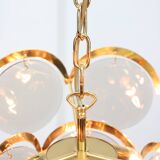 Vintage Vistosi Chandelier: Smoked Glass Discs, Gold Metal, 1970s Italian P