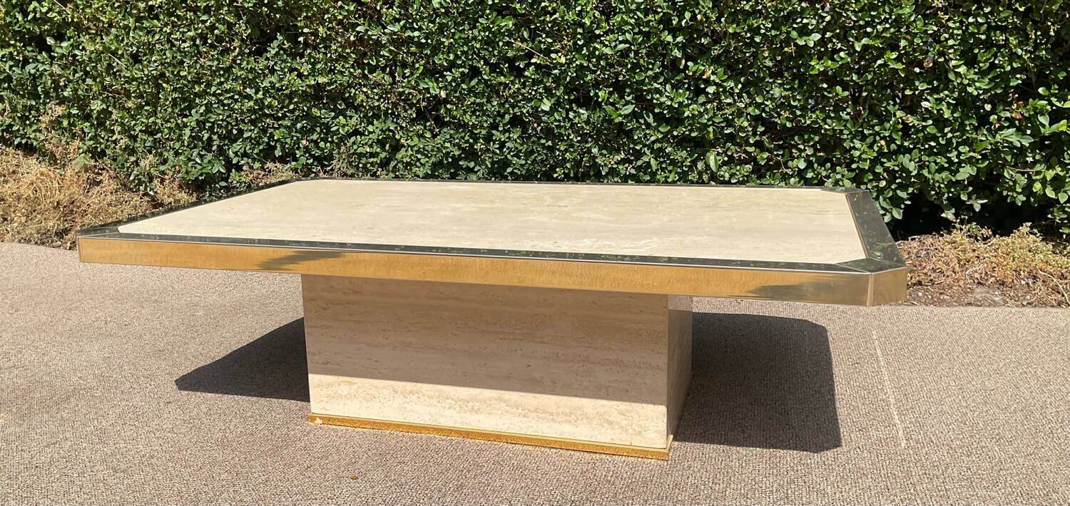 Vintage coffee table in travertine and brass.