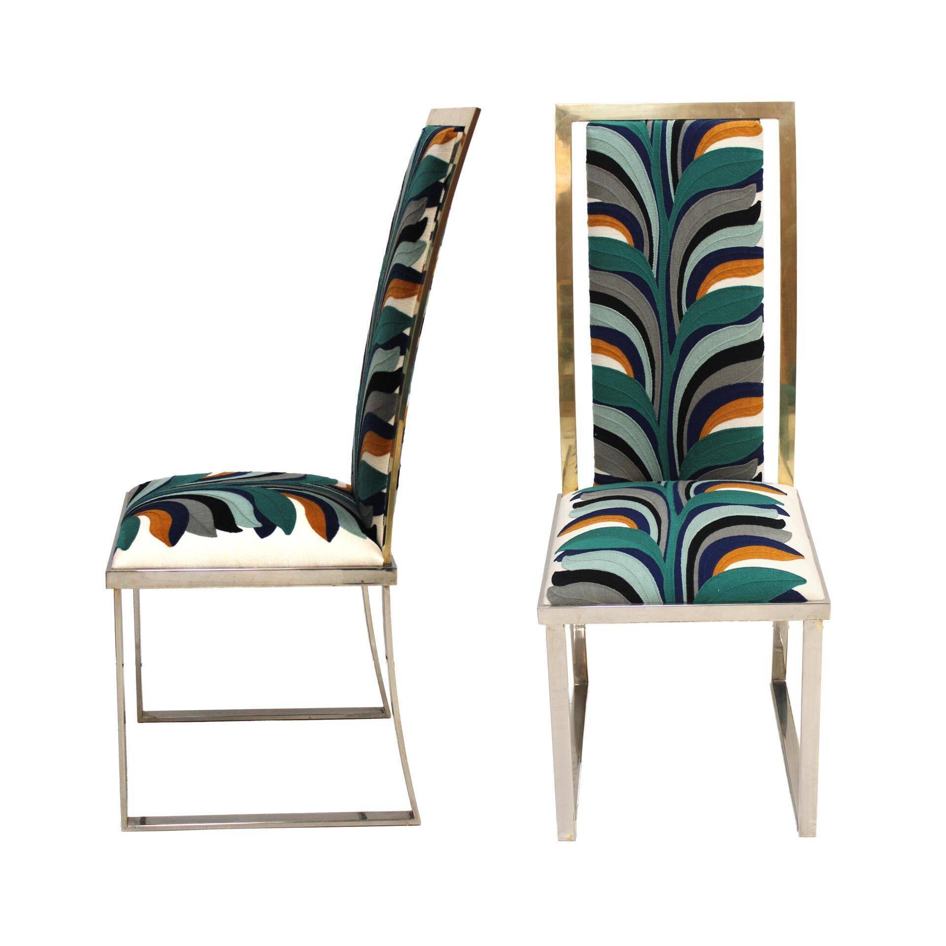 Mid-Century Michel Mangematin Brass and Steel French 1970s Eight Dining Chairs