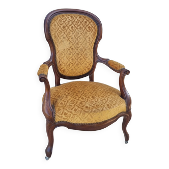 Fauteuil Louis Philippe en bois et velours jaune moutatde
