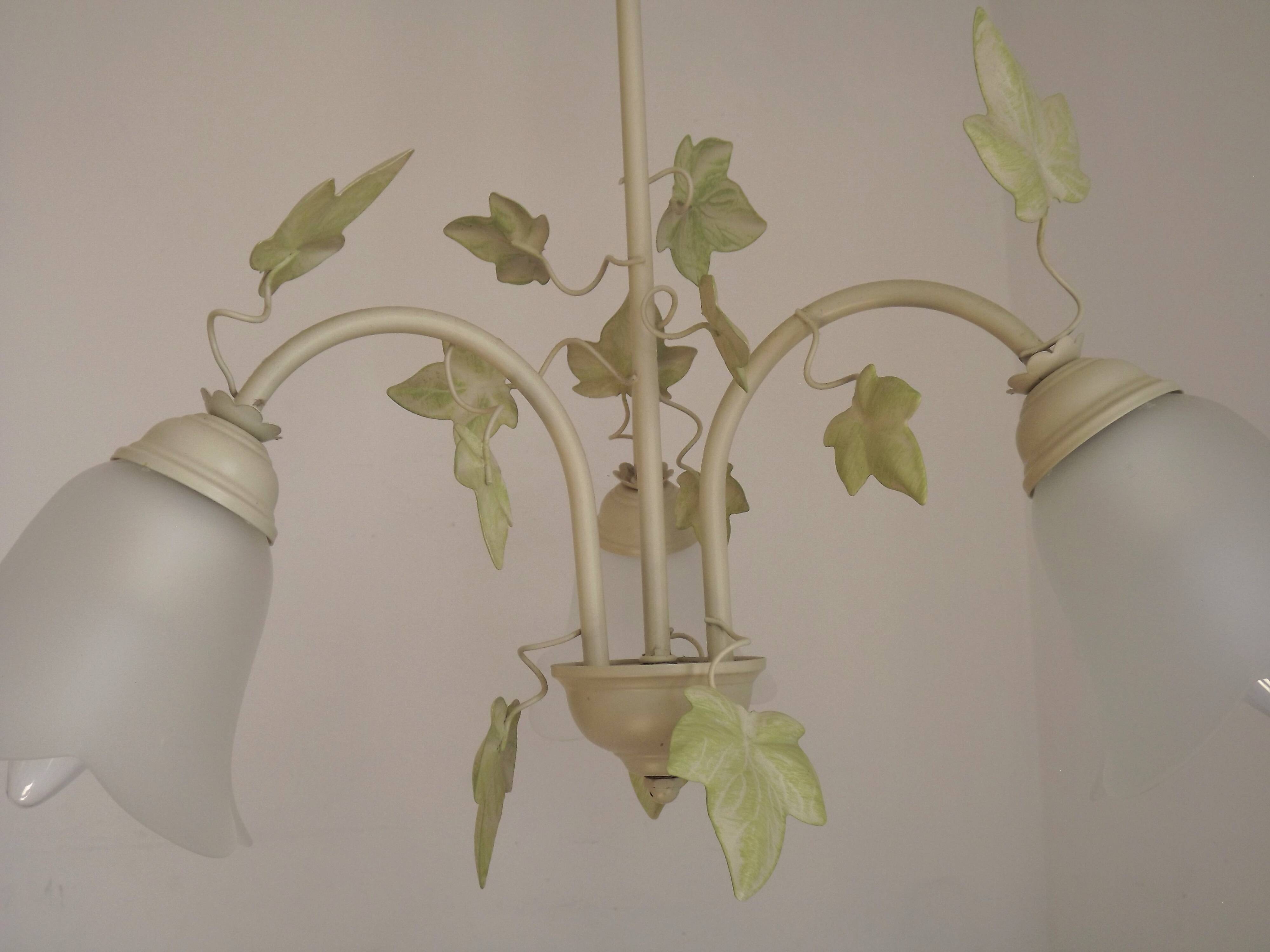 French Vintage 3 Light Green Ivy Chandelier with Opaque Glass Shades