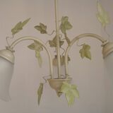 French Vintage 3 Light Green Ivy Chandelier with Opaque Glass Shades