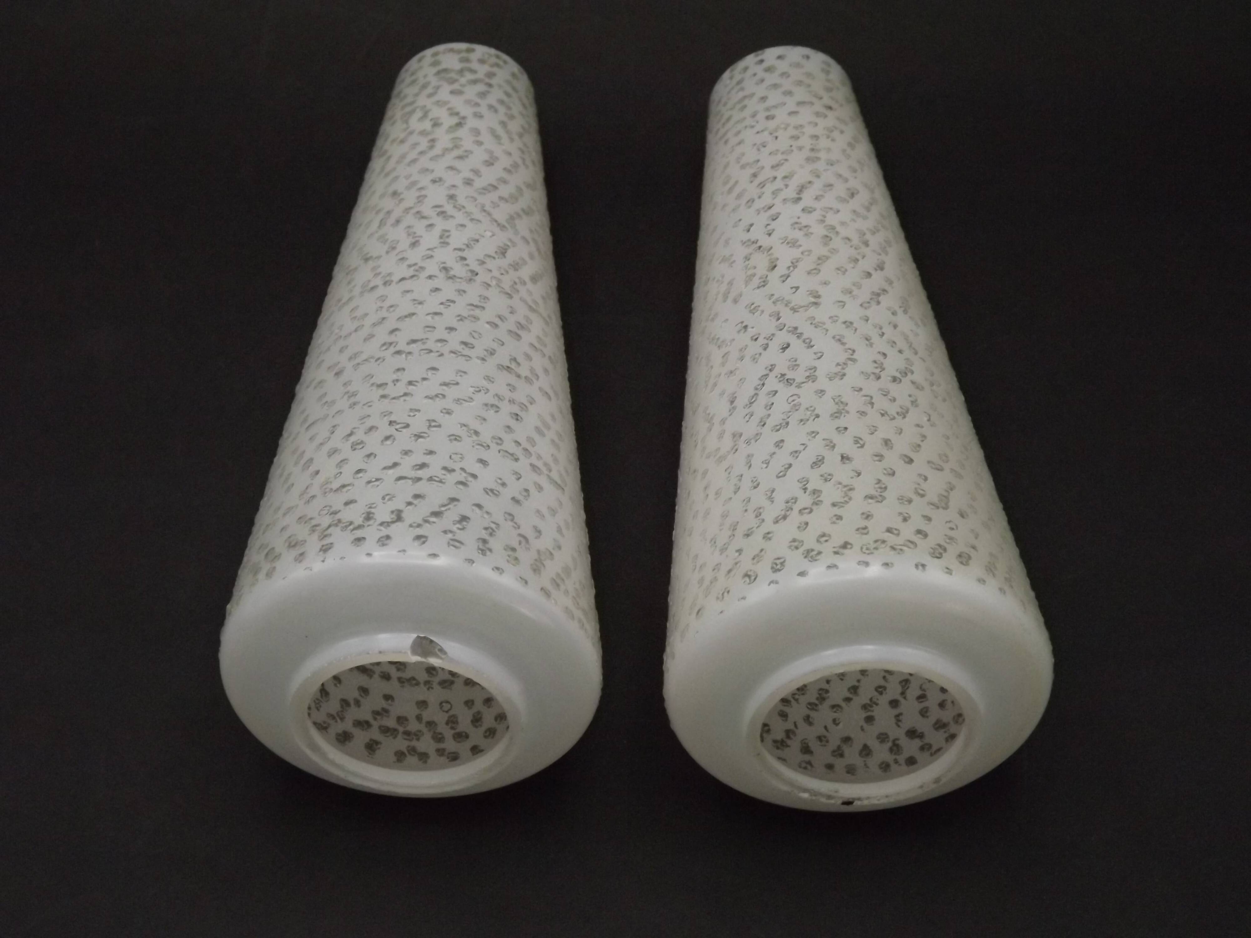 Pair of French vintage retro white opaque patterned glass replacement shades.