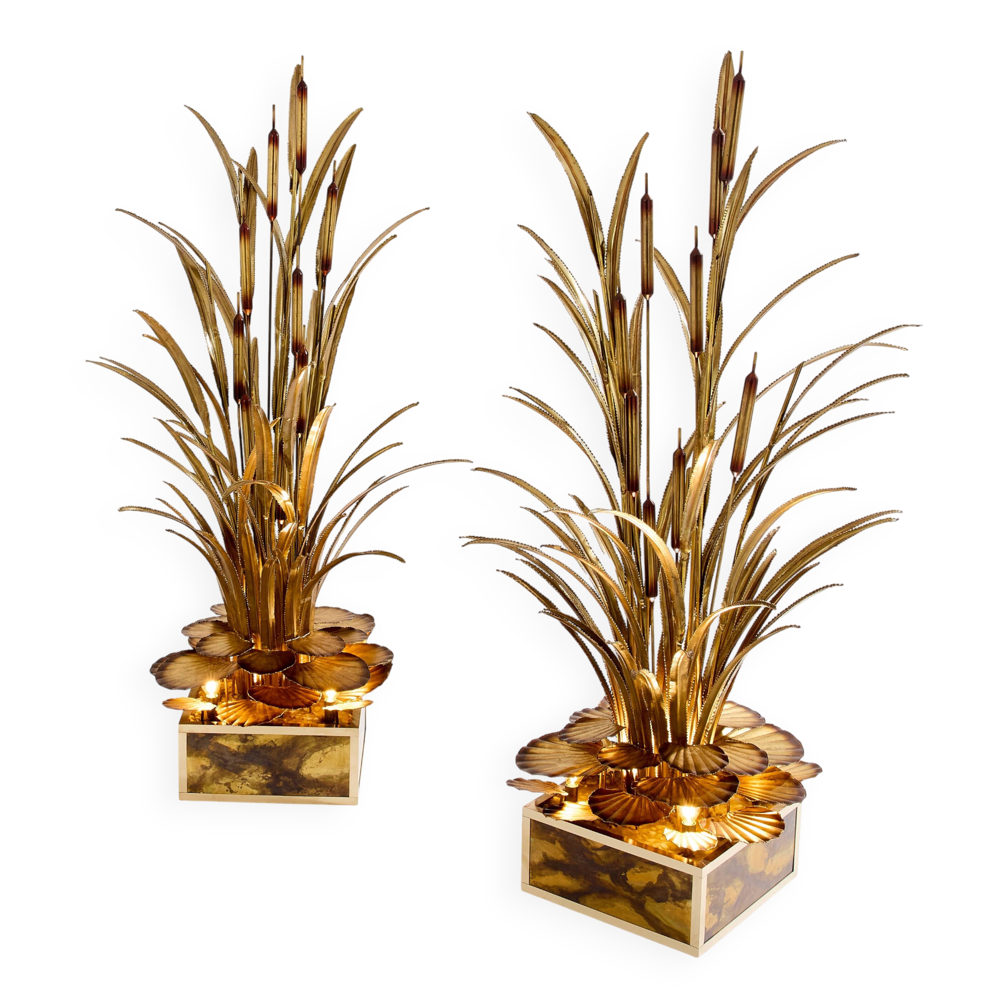 Pair of Maison Jansen brass floor lamps with reeds and water lilies, 1970s