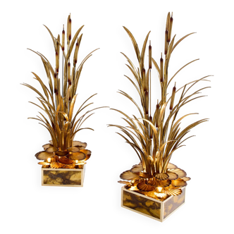 Paire de lampadaires laiton Maison Jansen roseaux et nénuphars 1970s