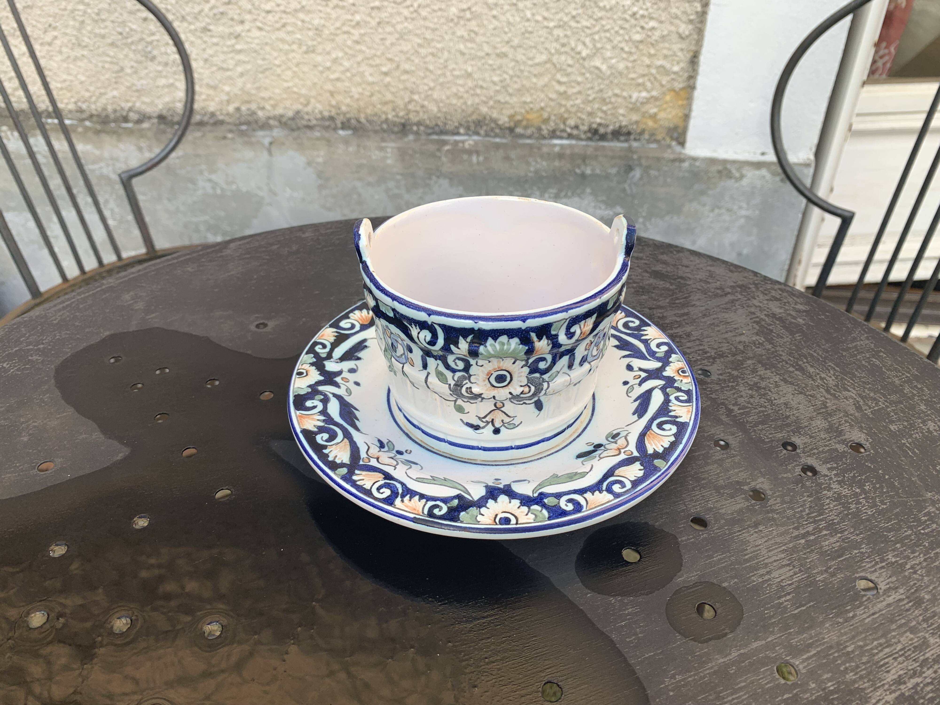 Butter dish, sauce pot in Old Rouen earthenware, handmade, made in France, floral pattern, vintage