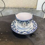 Beurrier, sauciere en faience Vieux Rouen, fait main, made in france, motif floral, vintage
