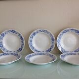 Suite de six assiettes creuses blanches à fleurs bleues par Moulin des Loups /vintage années 50-60