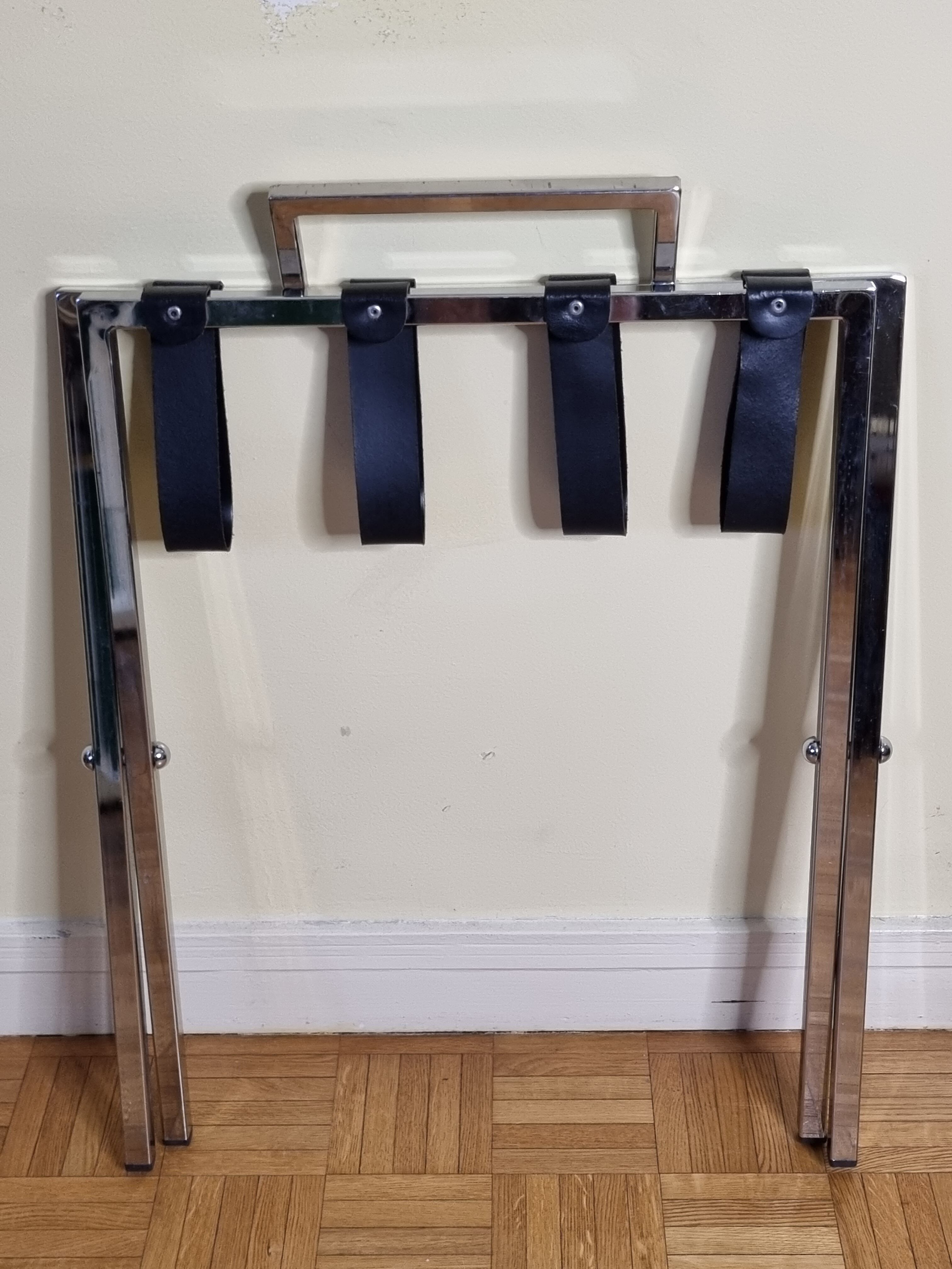Luggage rack in chrome steel and leather 80s