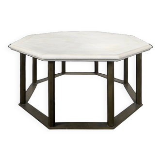 1940s octagonal coffee table with a marble top.
