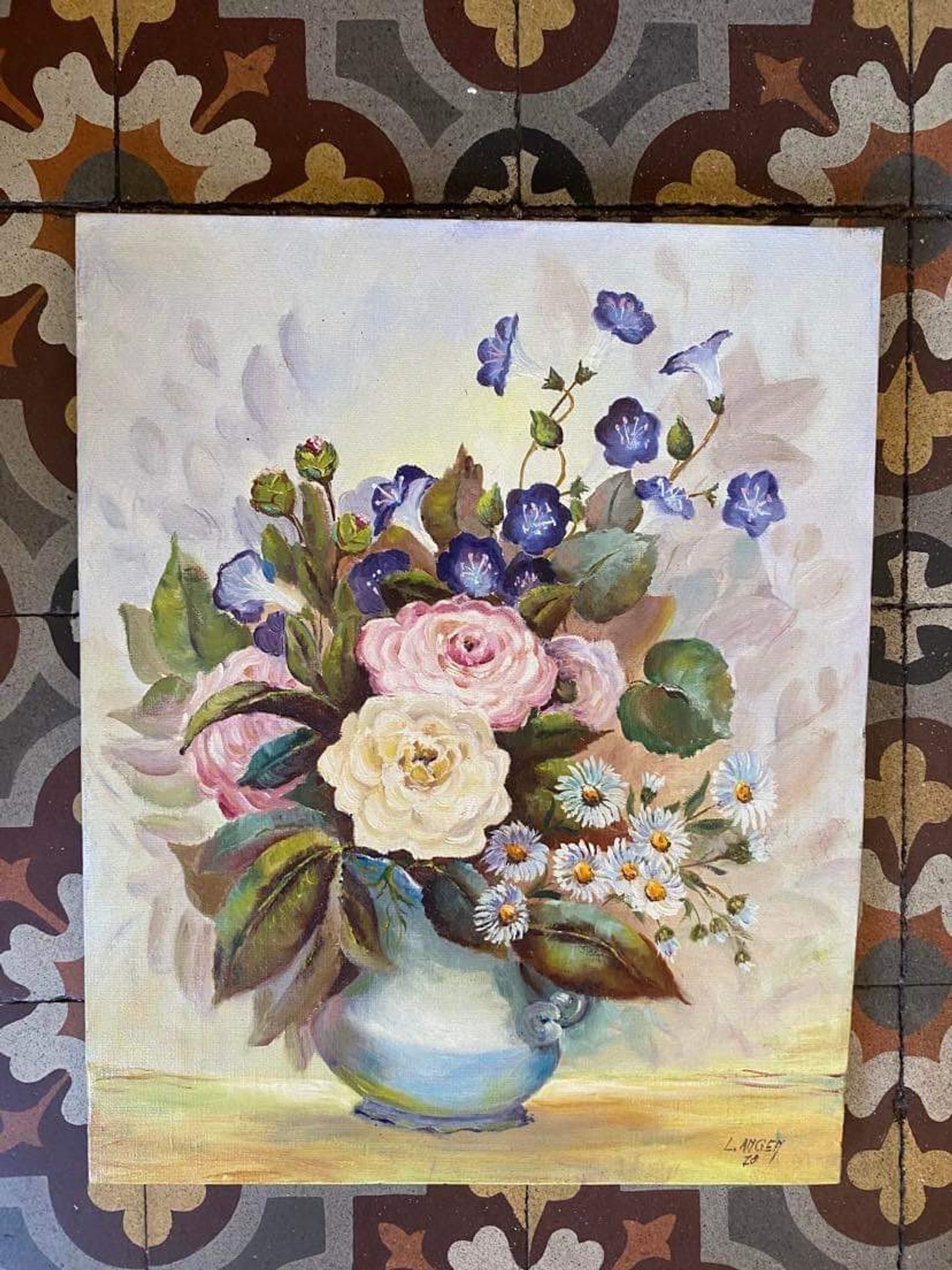 Oil painting bouquet of flowers in a vase.