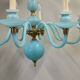 Statement French blue opaline glass chandelier with brass accents, 1960s
