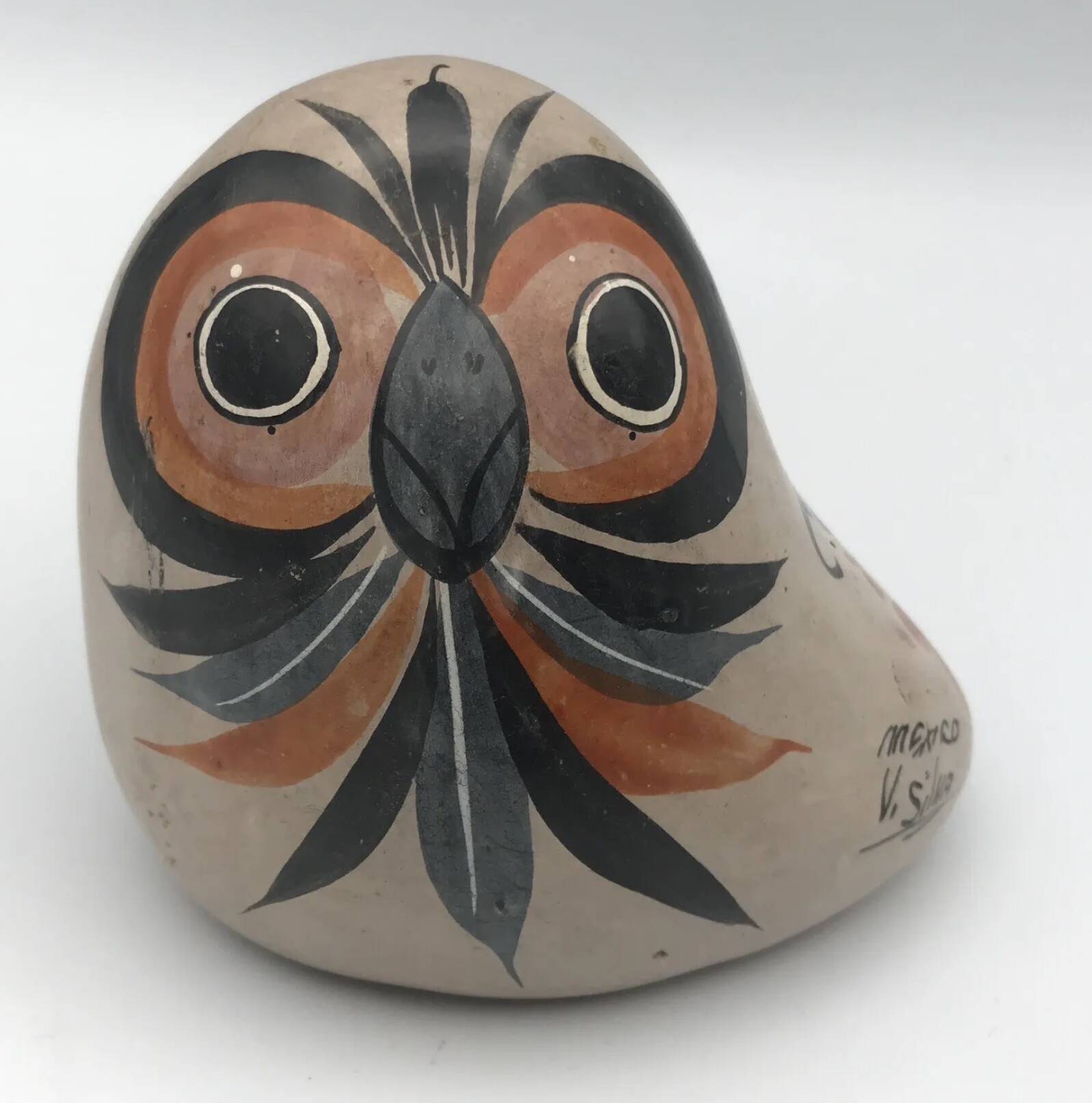 Painted ceramic owl from Mexico signed v.silva