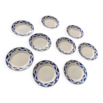9 small plates, Courville model, Badonviller, made in France, blue geometric patterns
