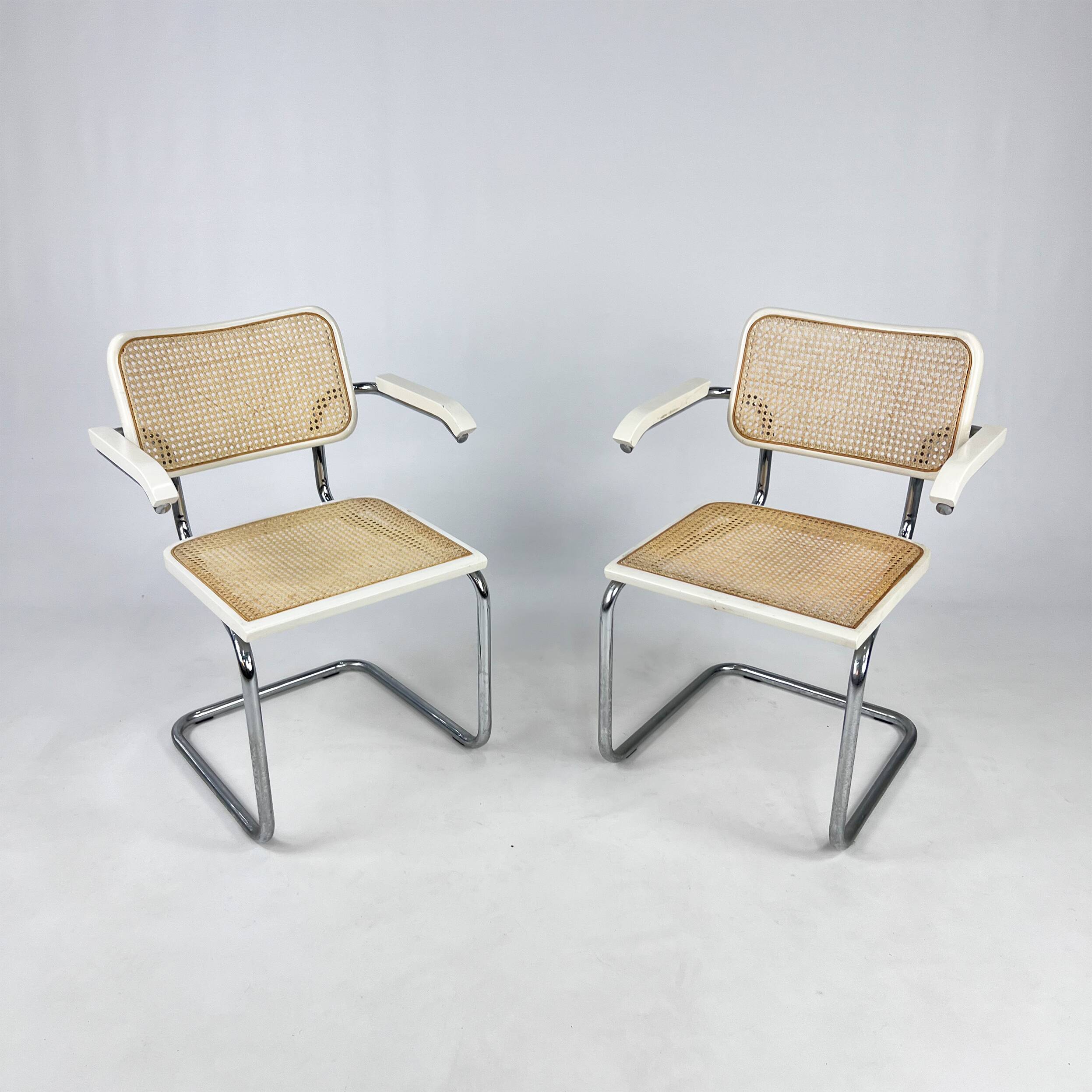 Set of 2 Tubular Frame and Cane Cantilever Arm chairs, Italy, 1970s