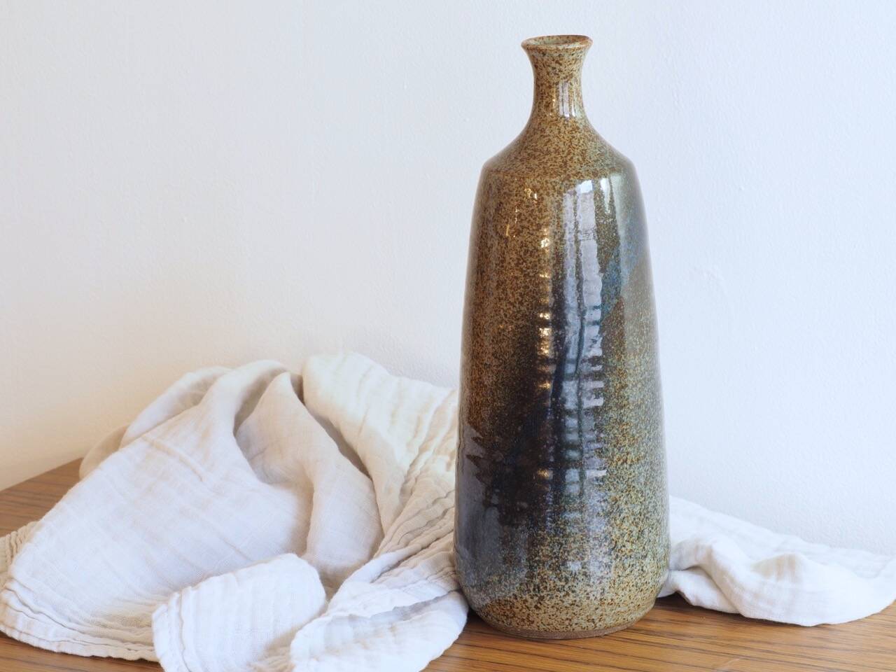 Enamelled stoneware vase or bottle signed Hélène