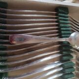 Silver metal cutlery. 12 spoons+12 forks+12 teaspoons+ladle. In box.