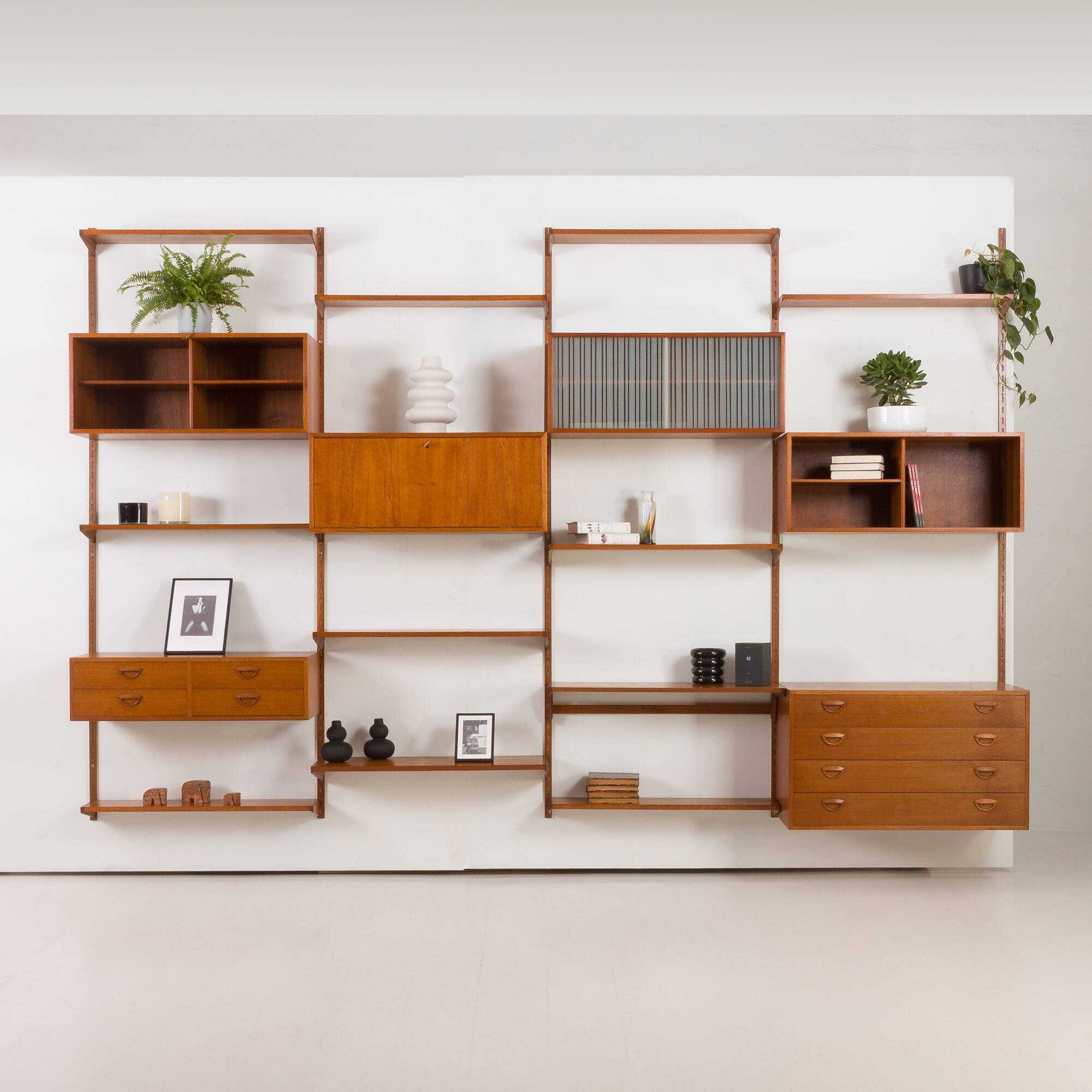 Kai Kristiansen four bay teak wall unit with a dresser, FM Mobler, Denmark