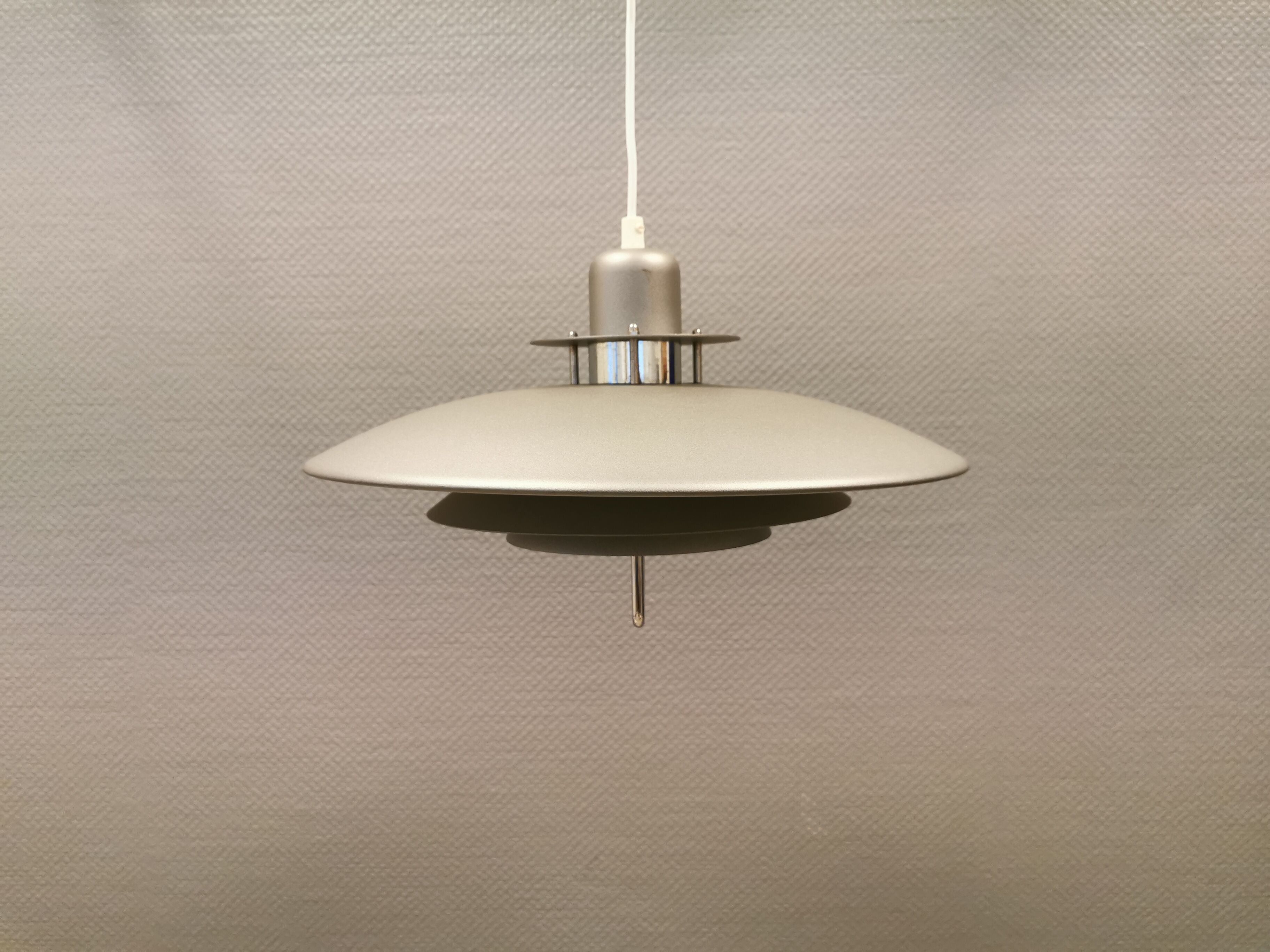 Swedish hanging lamp, produced by Belid in the original silver-grey colour.