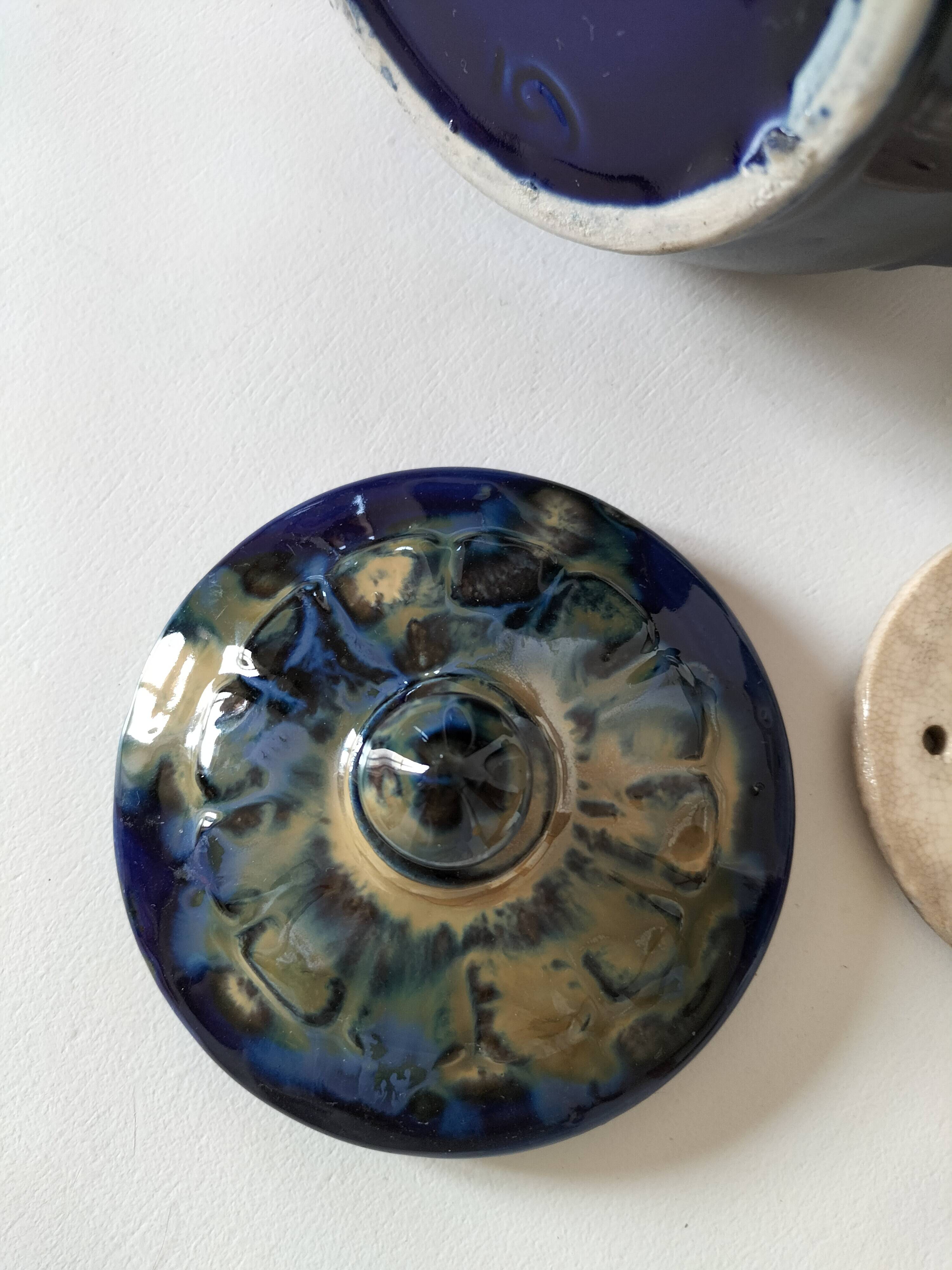 Midnight blue and flamed beige enameled ceramic filter coffee maker