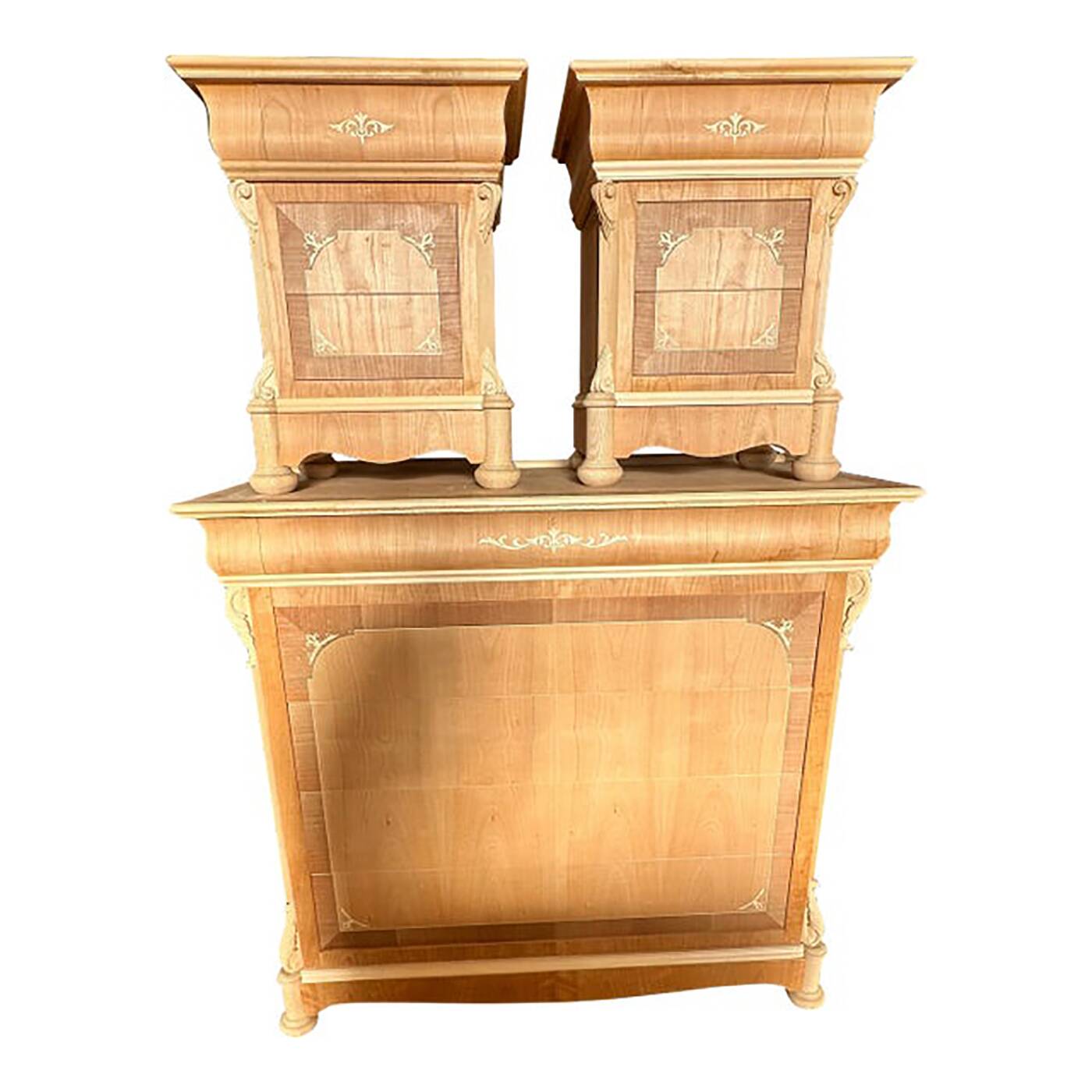 1990s Italian Natural Unpainted Set of a Chest of Drawers and Two Bedside T