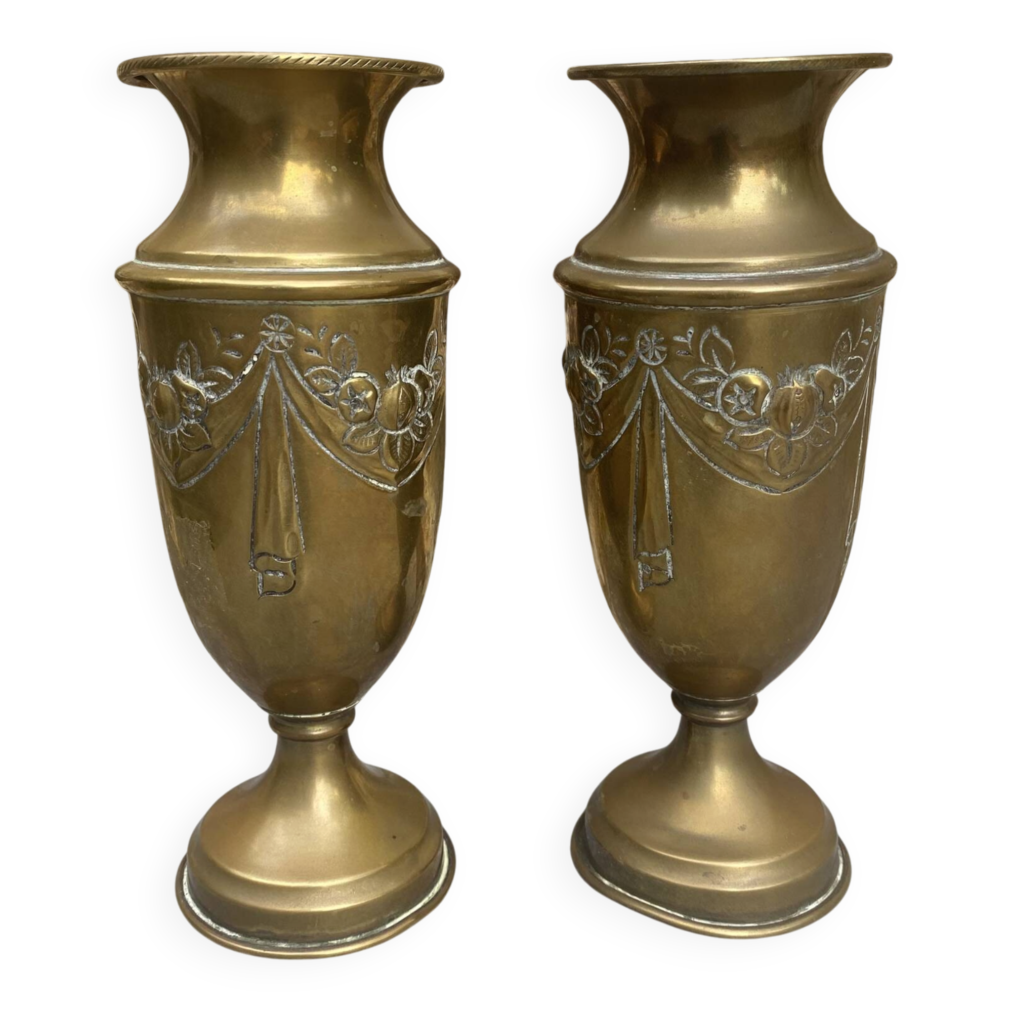Pair of embossed brass bud vases stamped 17 cm