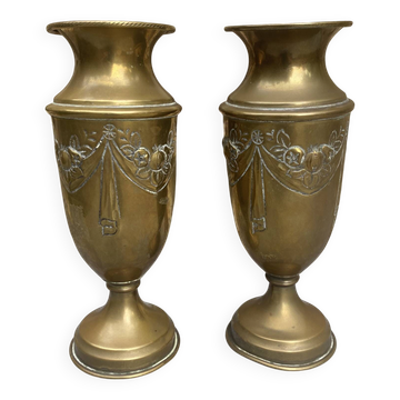 Pair of embossed brass bud vases stamped 17 cm