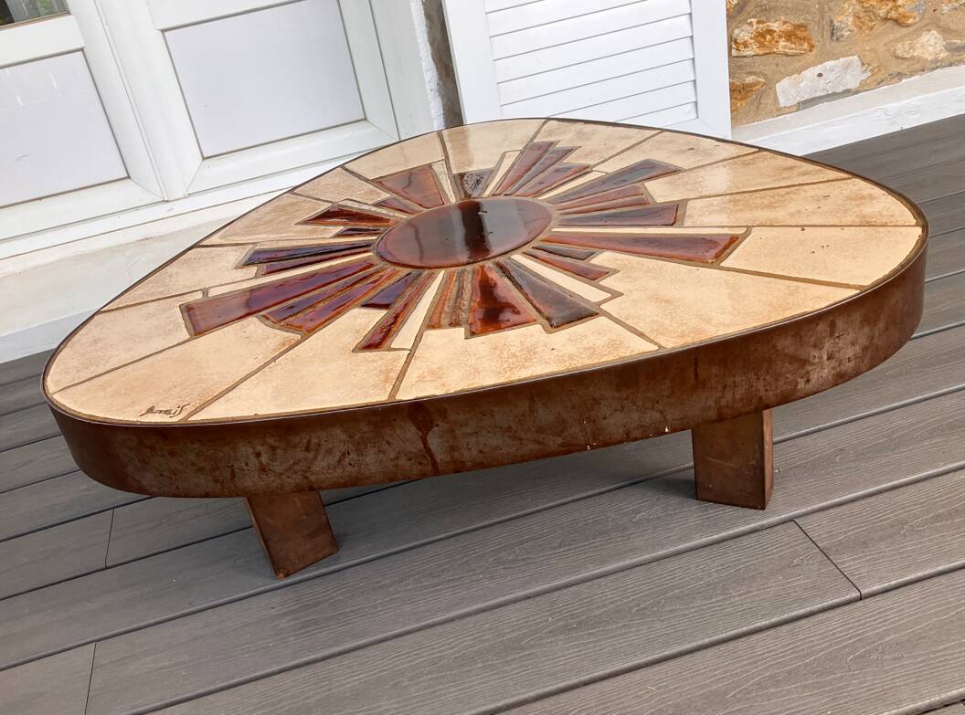 Vintage coffee table in ceramic and metal, signed Barrois.