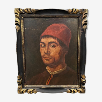 Oil on cardboard italian character headdress xvi or xviith wooden frame