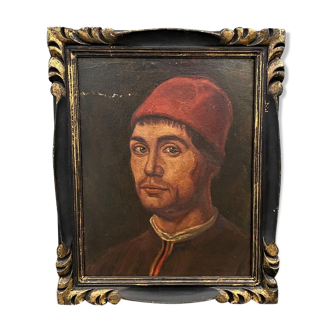 Oil on cardboard italian character headdress xvi or xviith wooden frame