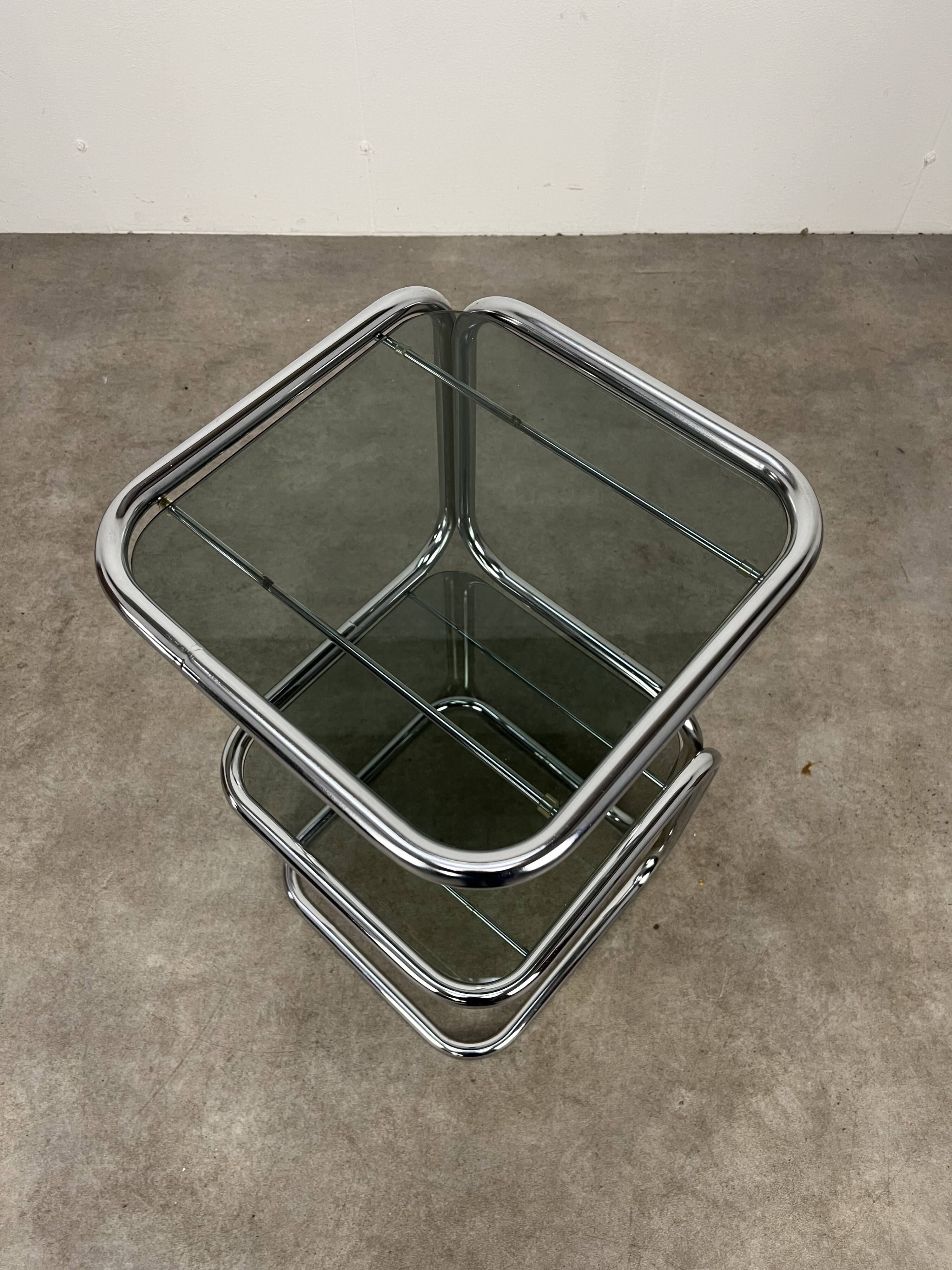 70s pedestal table, chrome and smoked glass side table